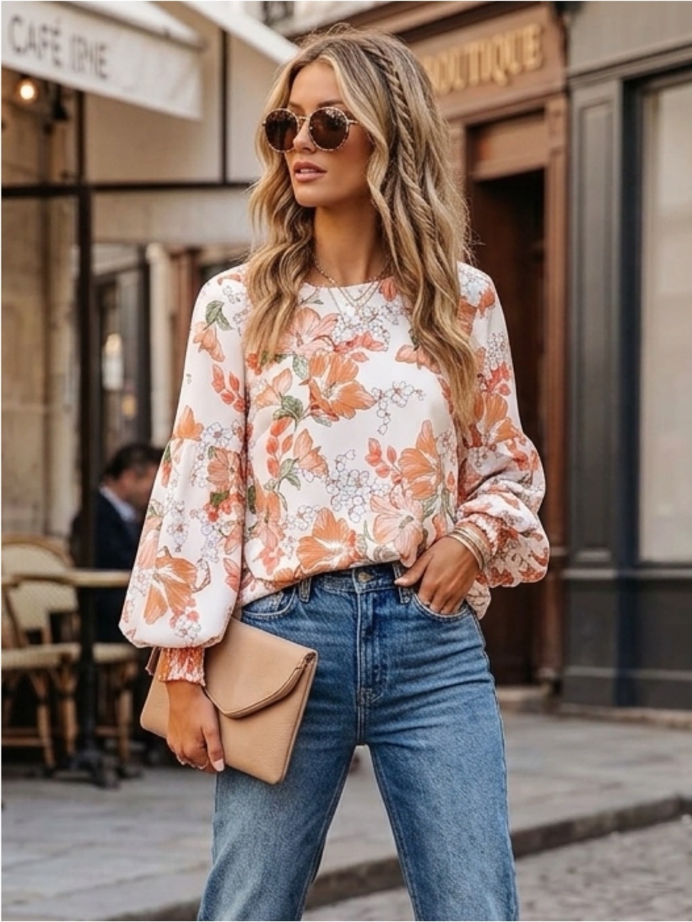 Aria Floral Balloon-Sleeve Blouse in Coastal Summer Peach & Ivory 2XL